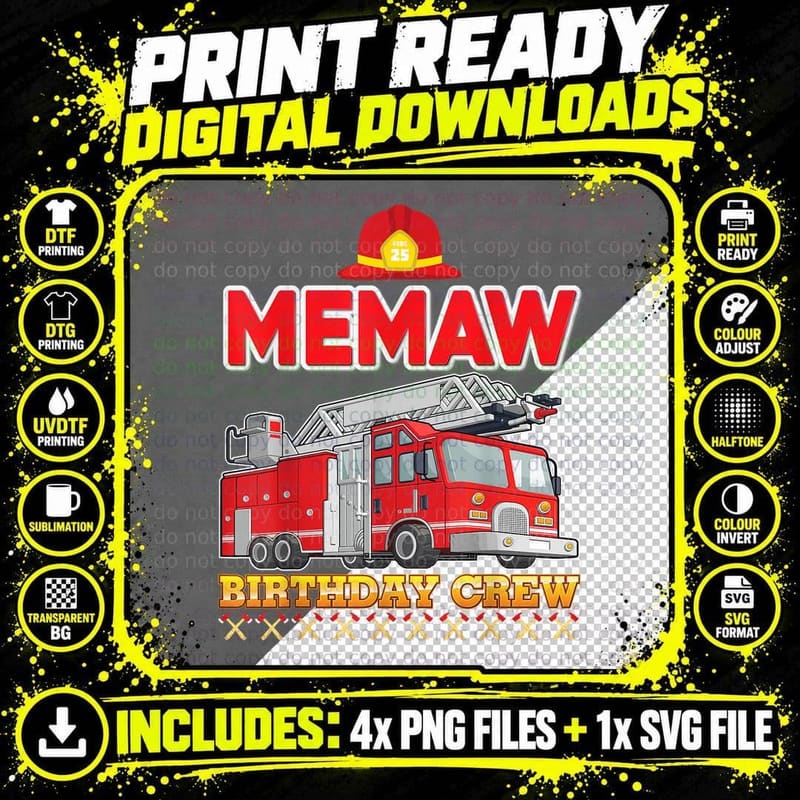 Fire Truck Memaw Birthday Crew T-Shirt, Patriotic Png SVG Digital Bundle