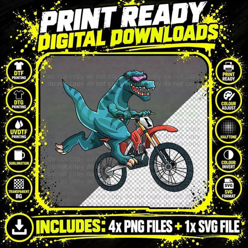 Funny Dino on Dirt Bike T-Rex Lover Rider Motorcycle Png SVG Digital Bundle