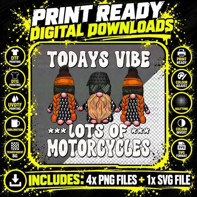 Funny Gnomies in Retro Biker Gnome Costume Motorcycle Png SVG Digital Bundle