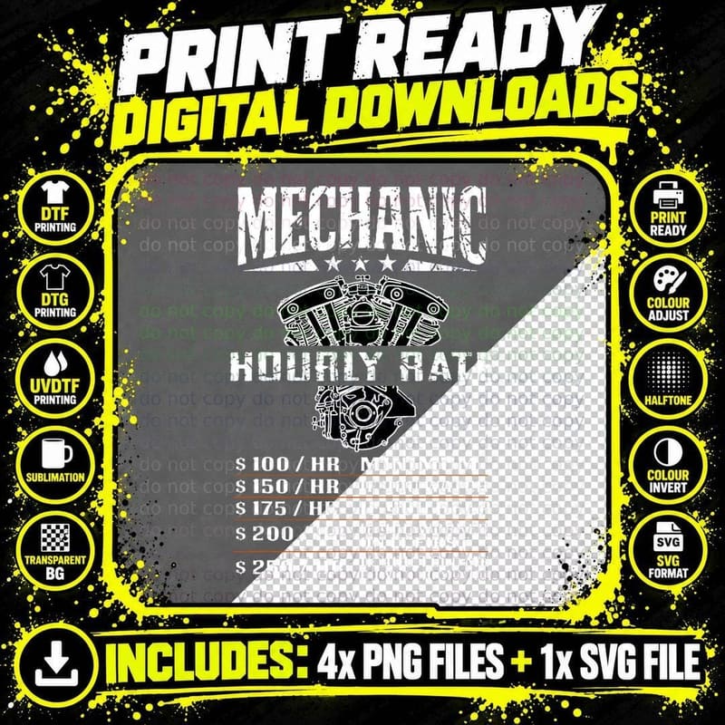 Funny Mechanic Hourly Rate Motorcycle Labor Rates T-Shirt Png SVG Digital Bundle