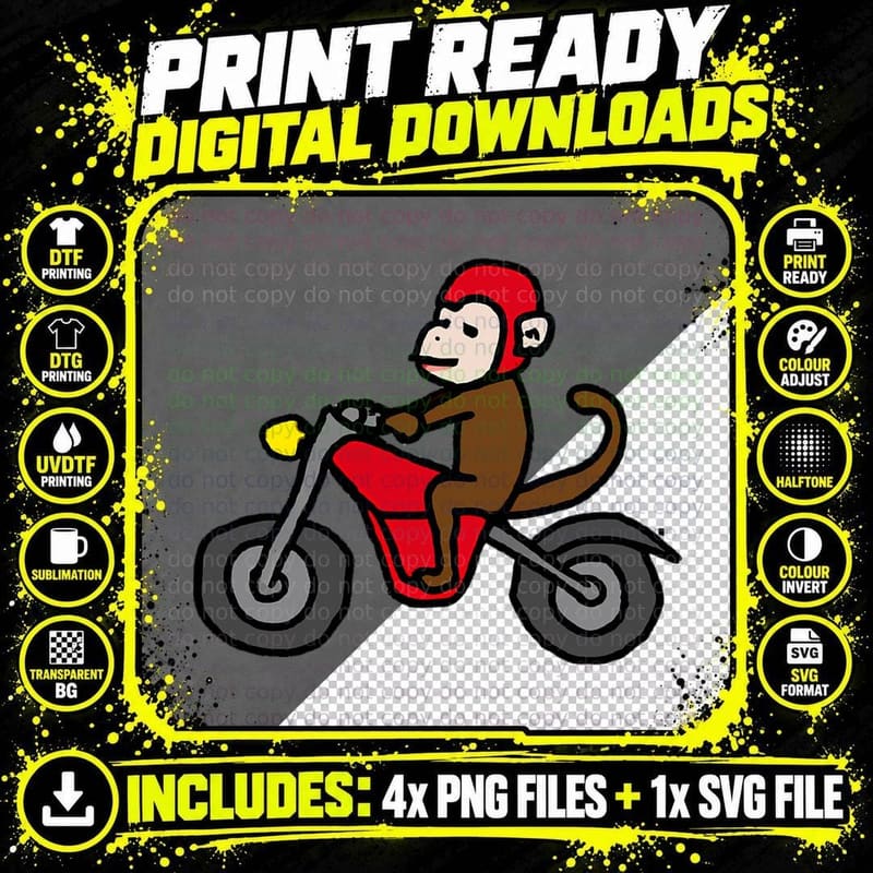 Funny Monkey on Bike Monkey Rider Motorcycle Riding Boys Png SVG Digital Bundle