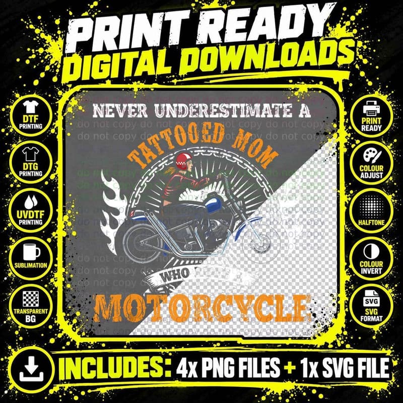 Funny Motorcycle Rider Women Mothers Day Gift Tattooed Png SVG Digital Bundle