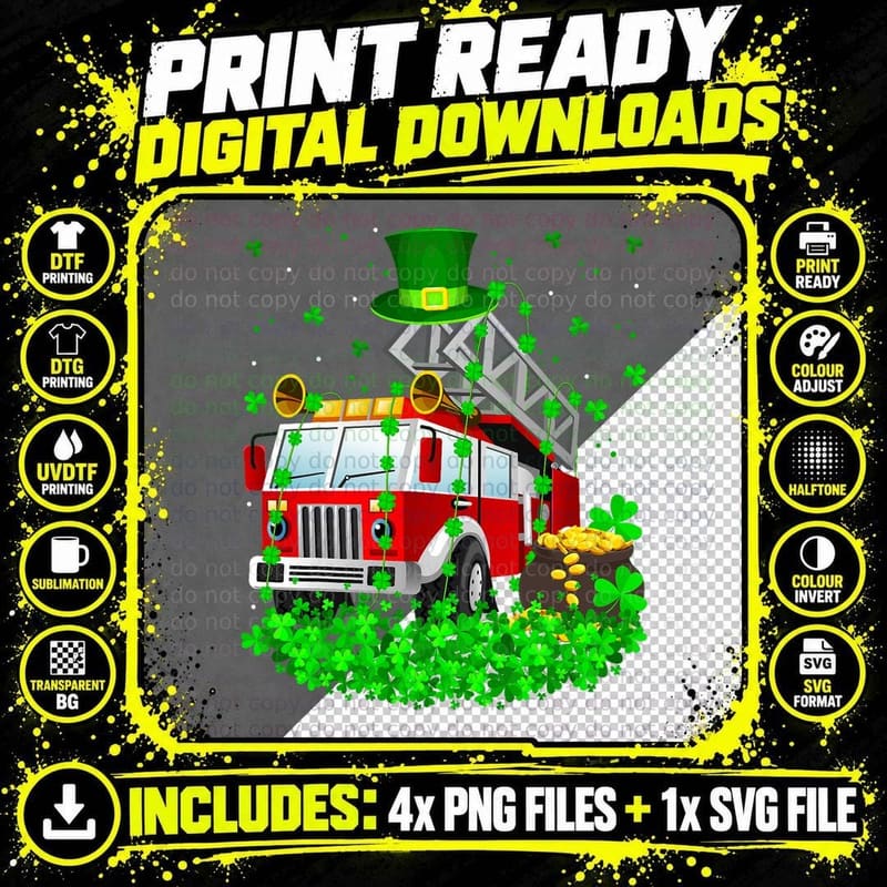 Funny Shamrock Leprechaun Hat Fire Truck St. Patrick's Png SVG Digital Bundle