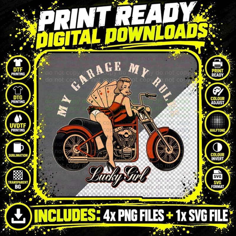 Garage Pin up Girl Motorcycle Classic Biker Rider Legend Png SVG Digital Bundle