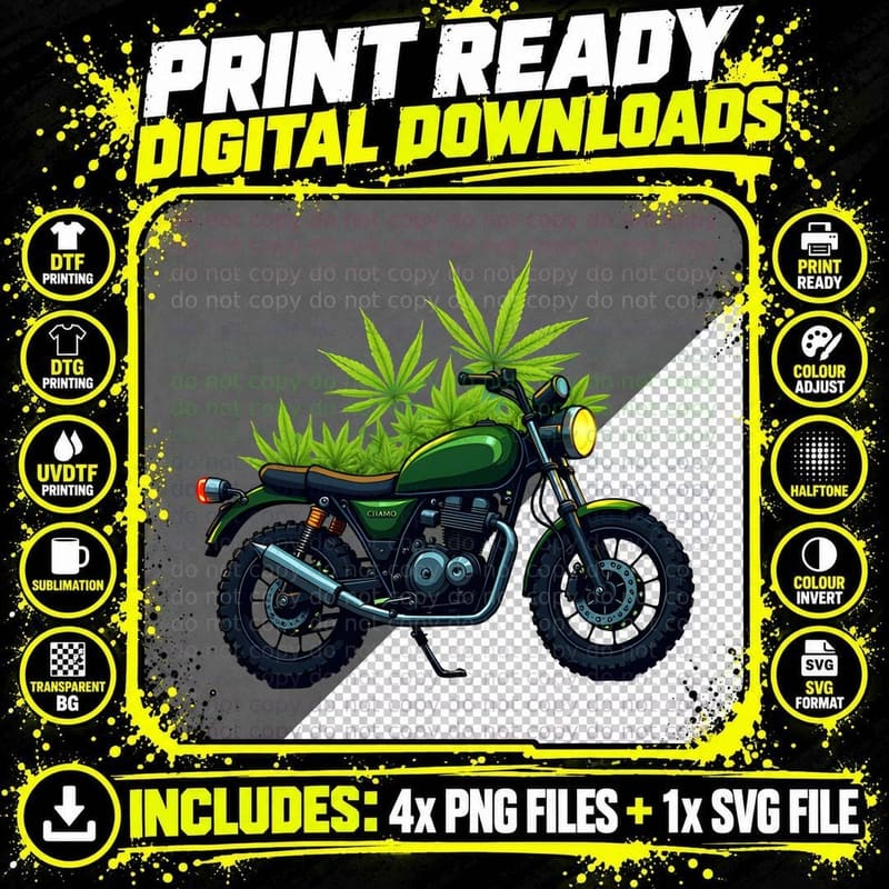 Green Motorcycle with Marijuana Leaves Cannabis Smoker Png SVG Digital Bundle