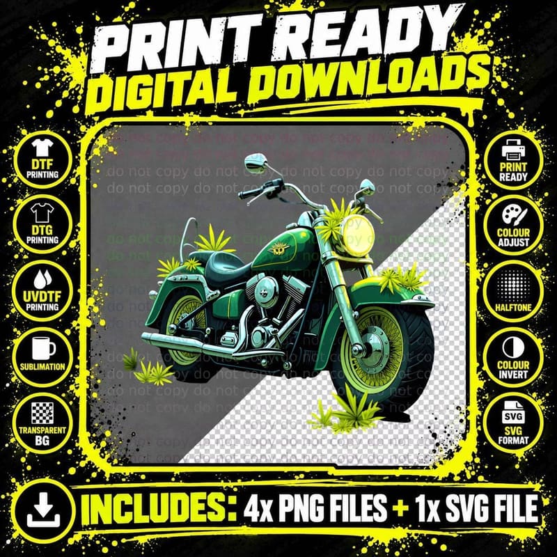 Green Motorcycle with Marijuana Leaves Cannabis Smoker Png SVG Digital Bundle