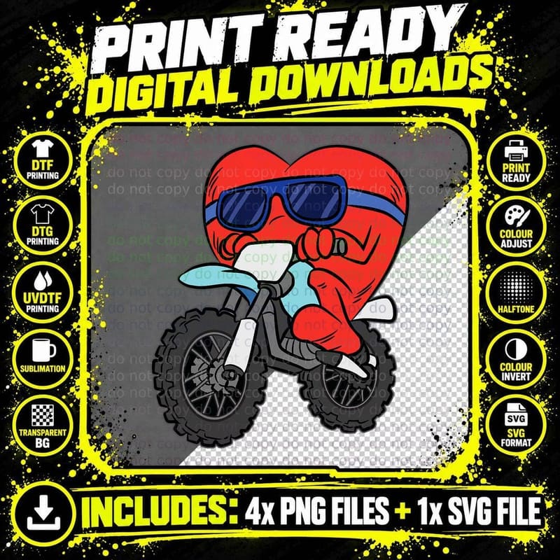 Heart Riding Motorcycle Valentines Day Dirt Bike Love Png SVG Digital Bundle