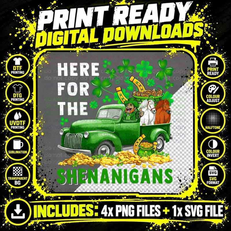 Here for Shenanigans St.patrick's Boy Horses on Truck Png SVG Digital Bundle