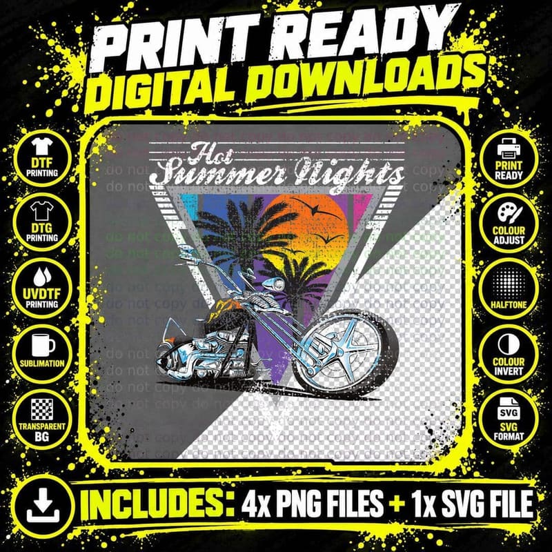 Hot Summer Nights 80's Tropical Vintage Retro Motorcycle Png SVG Digital Bundle