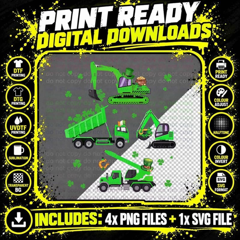 Kids Boys St Patricks Day Crane Truck Construction Png SVG Digital Bundle