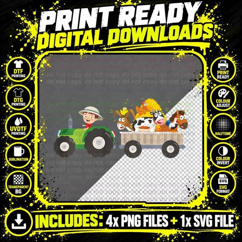 Kids Tractor Farm Farmers Animals Horse Cow Chicken Boys Png SVG Digital Bundle