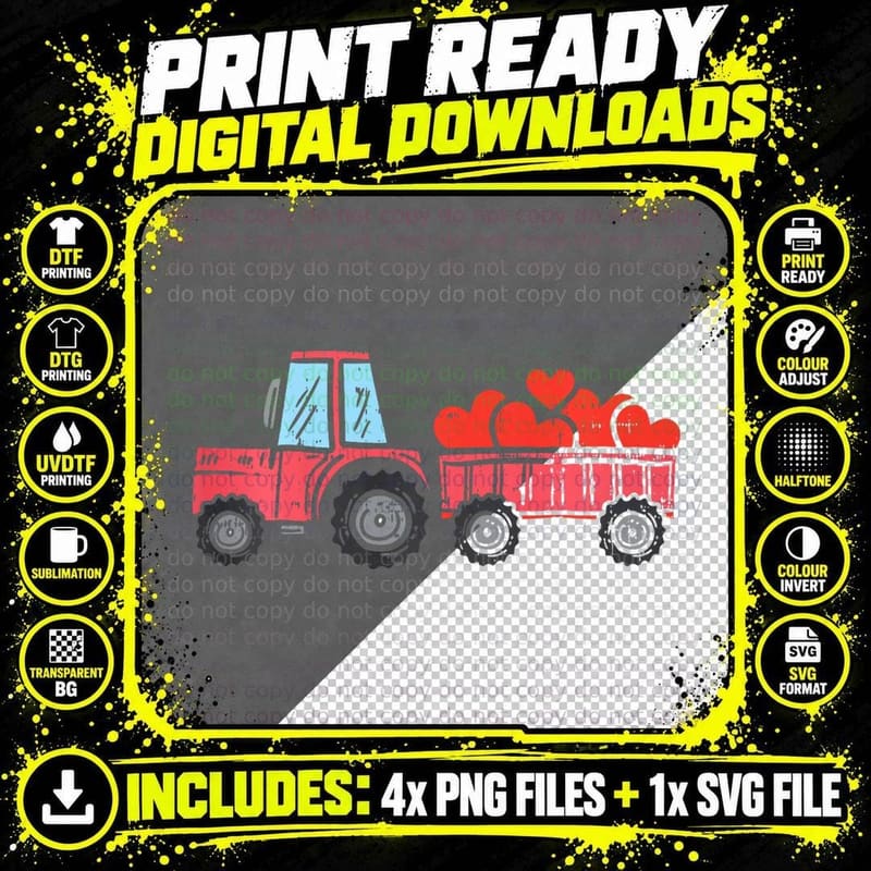 Kids Valentines Day Tractor Truck Hearts Farm Toddler Png SVG Digital Bundle
