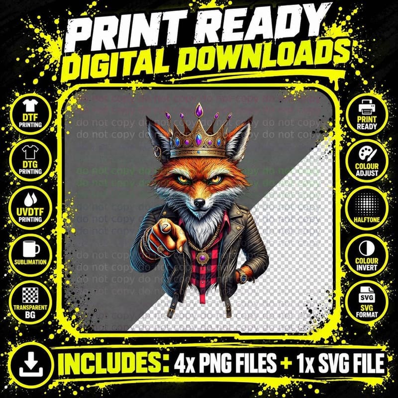 King Fox Biker with Crown and Leather Jacket Streetwear Png SVG Digital Bundle