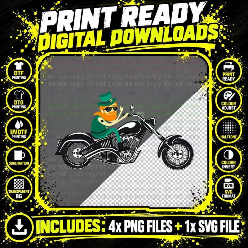 Leprechaun Biker T-Shirt, St Patricks Day Png SVG Digital Bundle