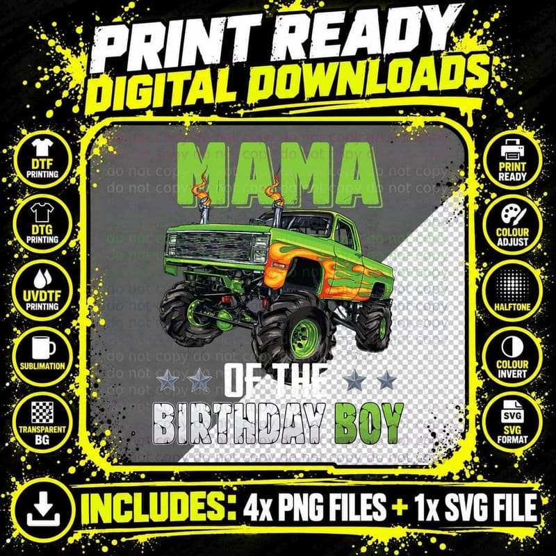Mama of Birthday Boy Monster Truck Car Family Matching Png SVG Digital Bundle