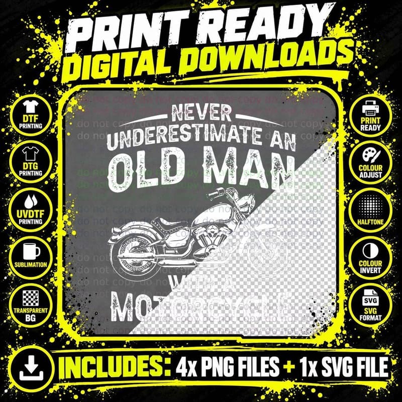 Mens Never Underestimate an Old Man with a Motorcycle Png SVG Digital Bundle