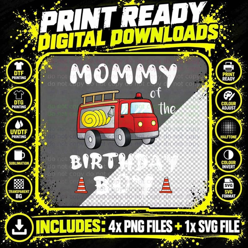 Mommy Birthday Boy Crew Fire Truck Toddler T-Shirt Png SVG Digital Bundle