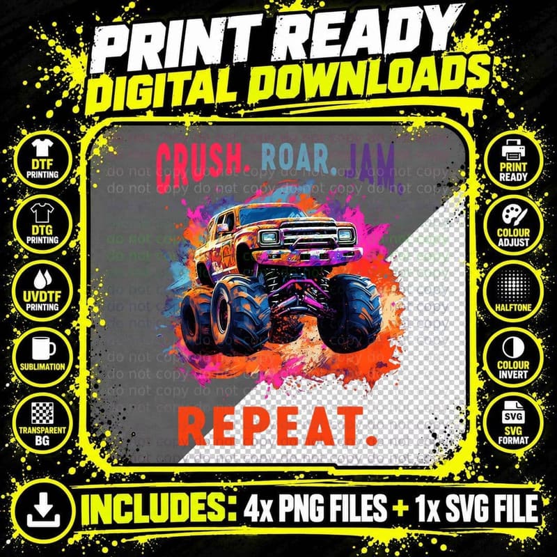 Monster Truck Big Retro Race Dad Trucker Toddler Boy Png SVG Digital Bundle