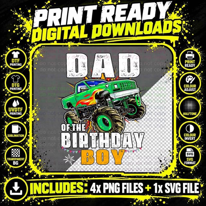 Monster Truck Family Matching Party Dad of the Birthday Png SVG Digital Bundle