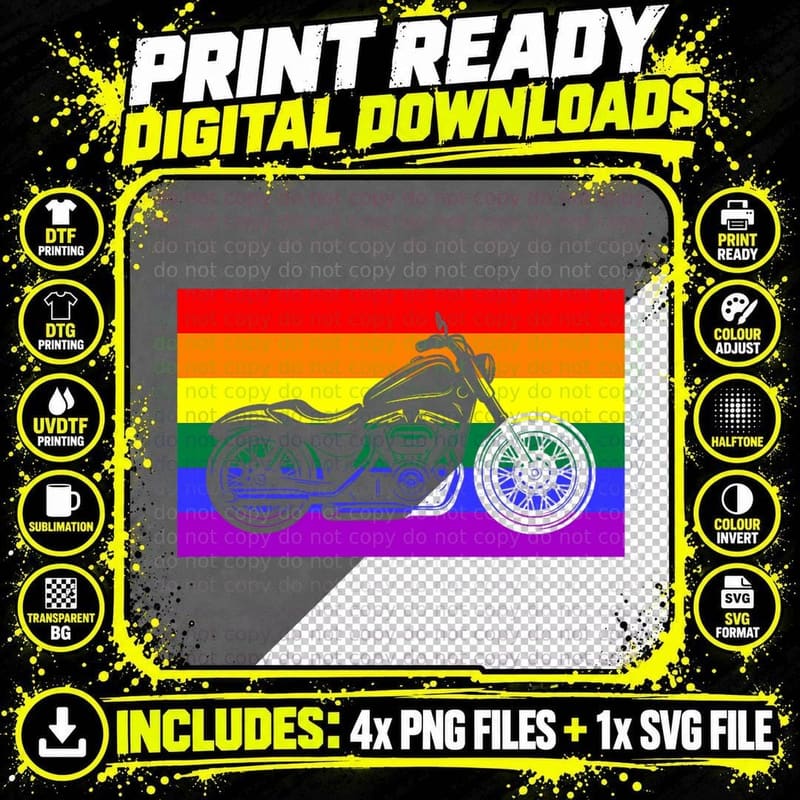 Motorcycle Biker Gay Pride Flag Rainbow LGBTQ Queer Png SVG Digital Bundle