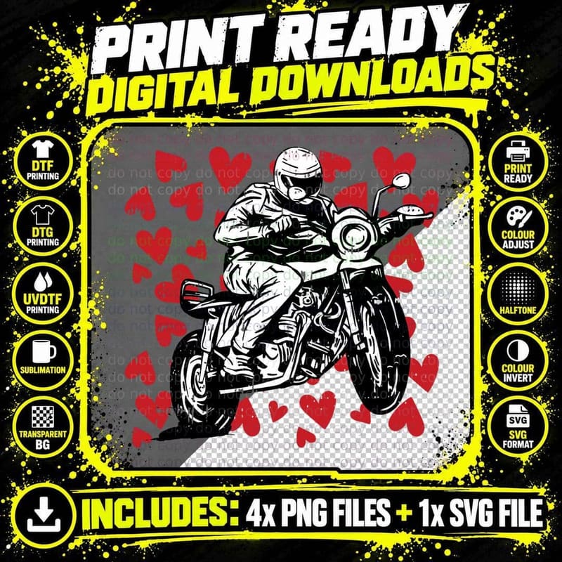 Motorcycle Rider Hearts Valentines Day Cool Biker T-Shirt Png SVG Digital Bundle