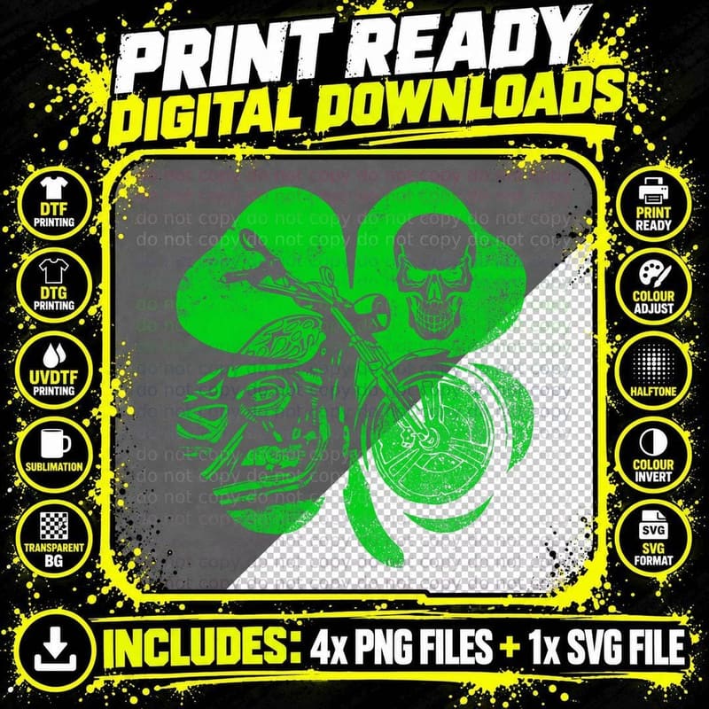 Motorcycle St Patricks Day Green Lucky Biker Skull Png SVG Digital Bundle