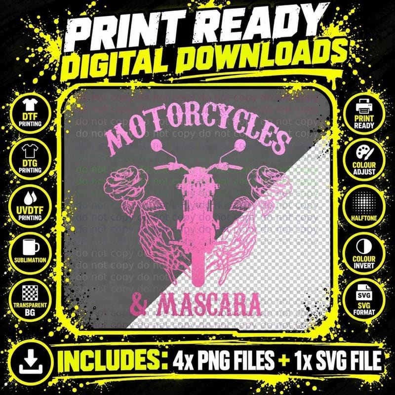 Motorcycles & Mascara Biker Girl Pink Vintage T-Shirt Png SVG Digital Bundle