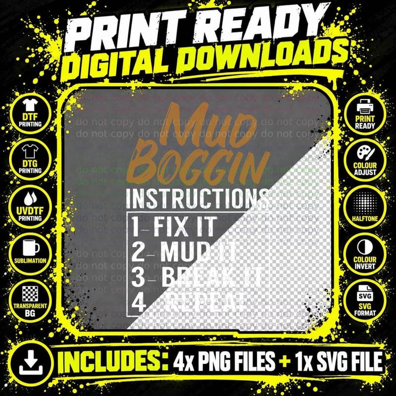 Mud Bogging Instructions - Muddy Quad Biker Four Biker Png SVG Digital Bundle