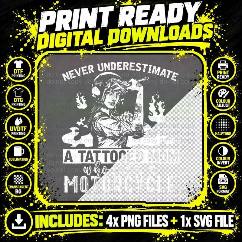 Never Underestimate a Tattooed Mom Motorcycle Biker Png SVG Digital Bundle