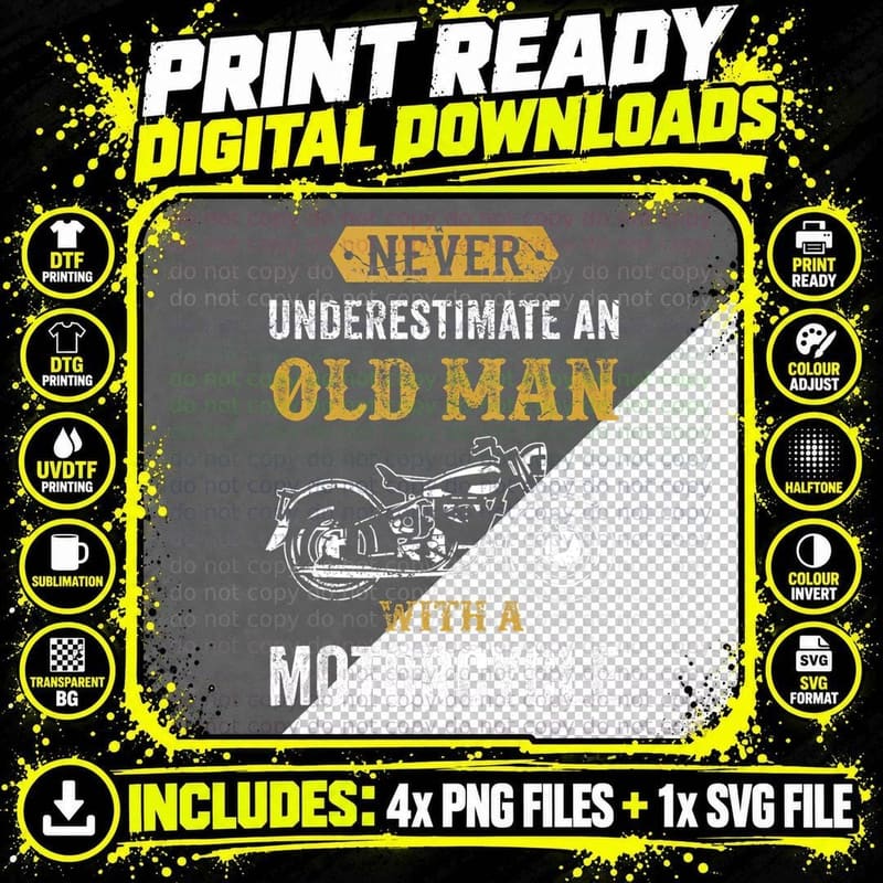 Old Man Motorcycle Humor T-Shirt, Vintage Style Png SVG Digital Bundle