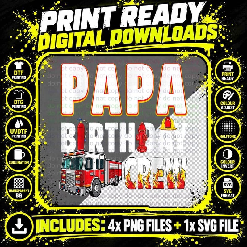 Papa Birthday Crew Fire Truck Firefighter T-Shirt Png SVG Digital Bundle