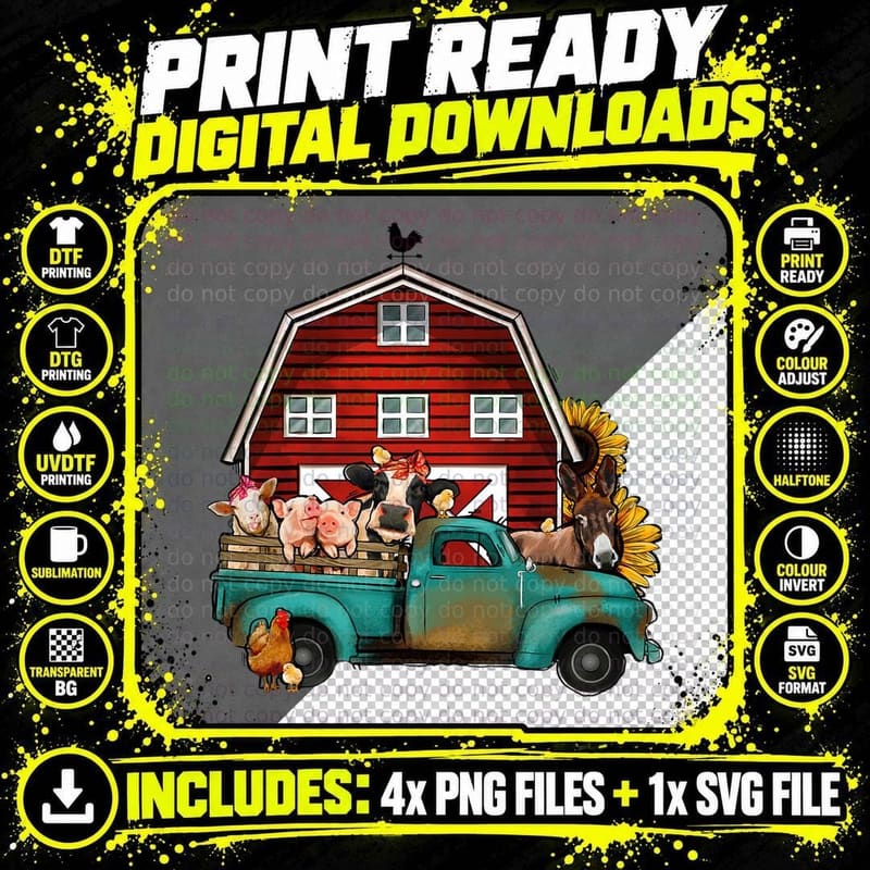 Red Barn Farm Pickup Truck with Farm Animals Farmer Png SVG Digital Bundle