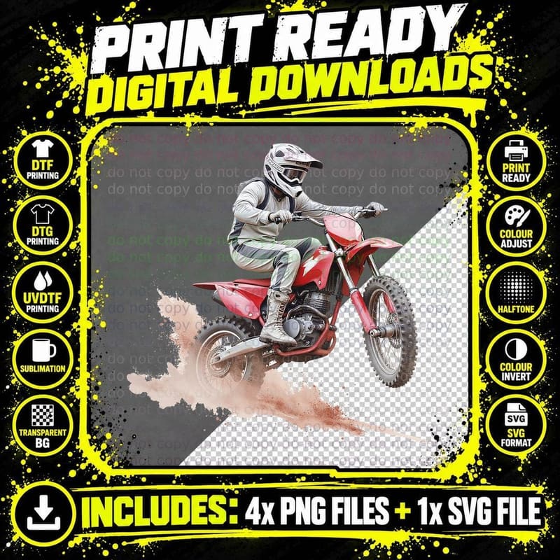 Red Dirt Bike Rider Motocross Jumping Off-Road Png SVG Digital Bundle