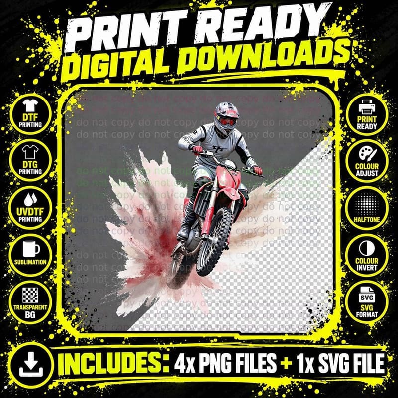 Red Motocross Rider Jumping Dirt Bike Off-Road Png SVG Digital Bundle