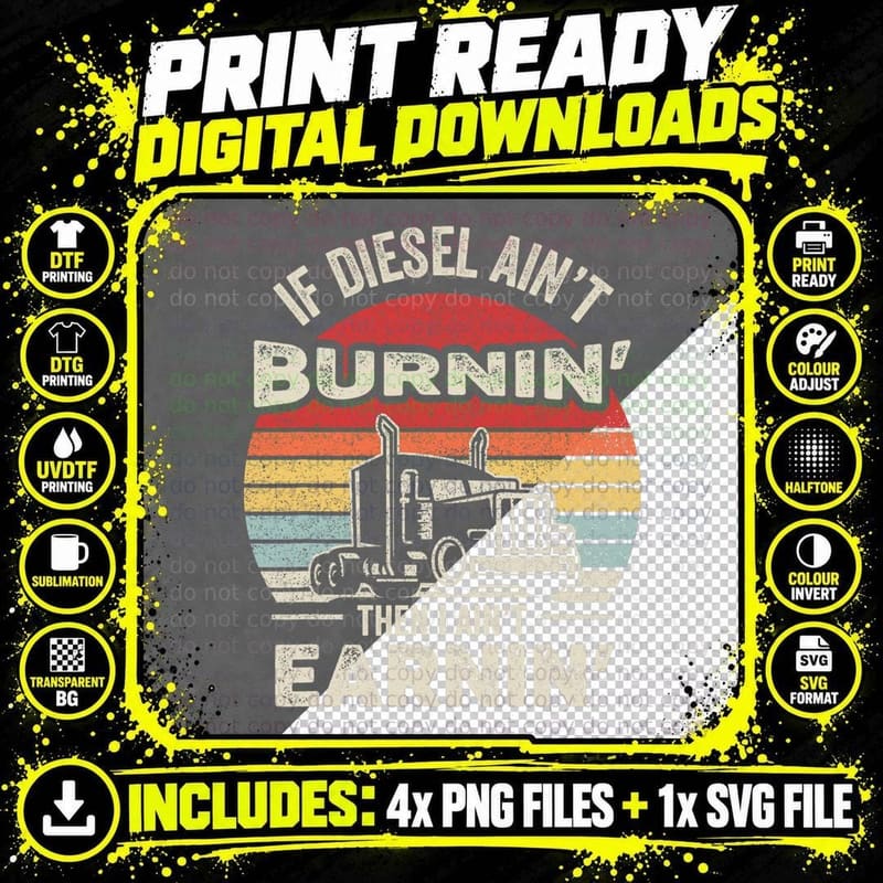 Retro Diesel Trucker Big Rig Semi-Trailer Truck Driver Png SVG Digital Bundle