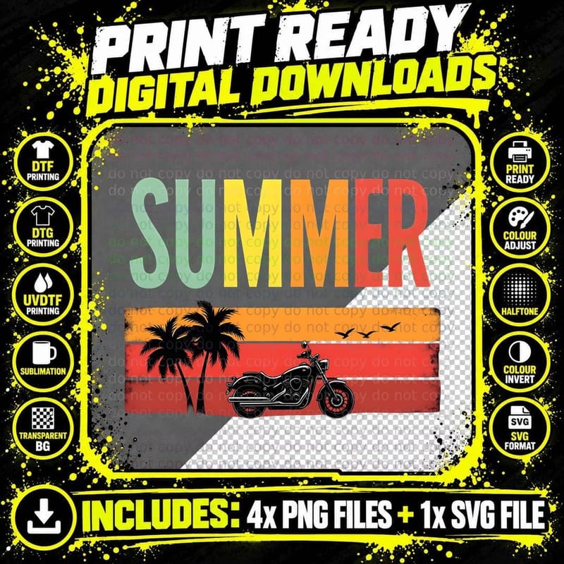 Retro Sunset Motorcycle, Summer Vibe Png SVG Digital Bundle