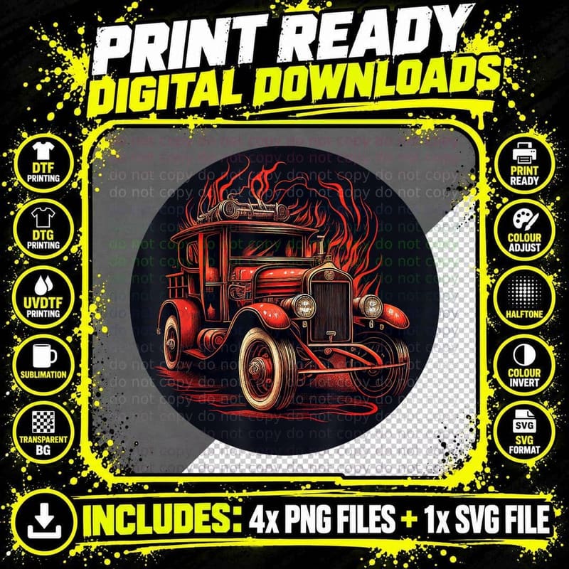 Retro Vintage Red Fire Truck Antique Fire Engine Png SVG Digital Bundle