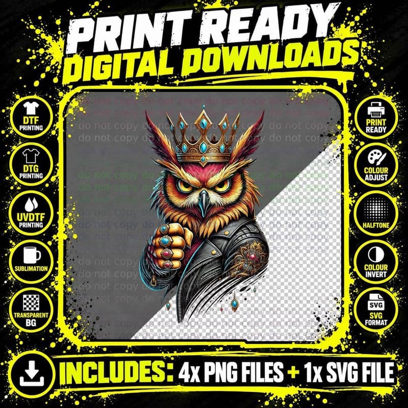 Royal Rocker Owl King in Crown and Leather Jacket Biker Png SVG Digital Bundle