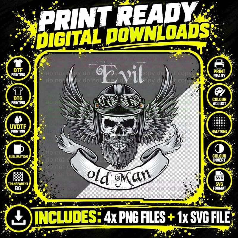 Skull Biker Clothes - Evil Old Man T-Shirt Png SVG Digital Bundle
