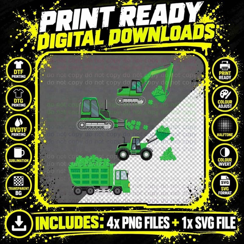 St Patricks Day Crane Truck Construction Toddler Kids Png SVG Digital Bundle