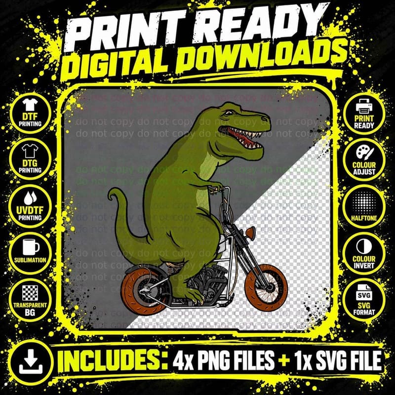 T-Rex Riding Motorcycle - Funny Dinosaur Trex Biker Png SVG Digital Bundle