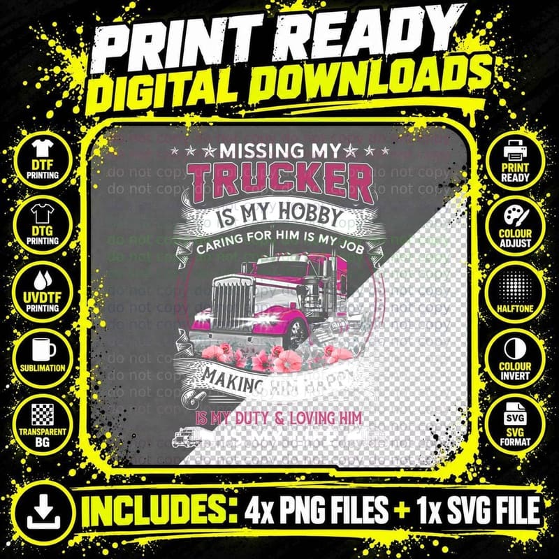 Trucker Hobby T-Shirt, Pink Floral Design Png SVG Digital Bundle