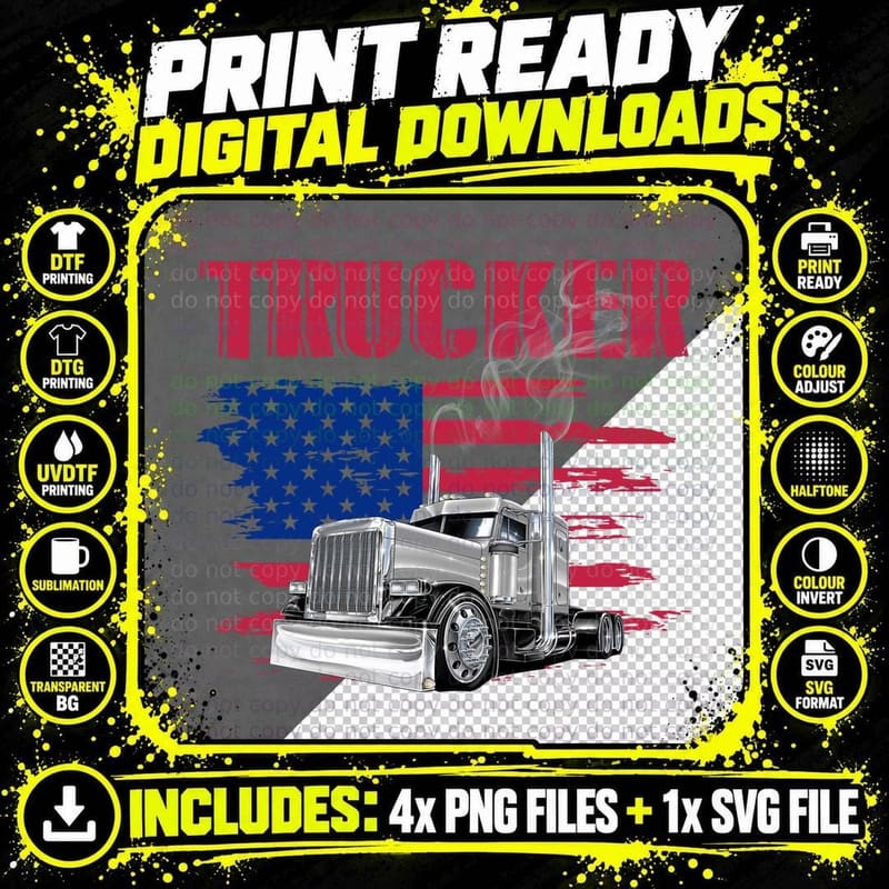 Trucker Us Flag T-Shirt, Patriotic, American Pride Print Png SVG Digital Bundle