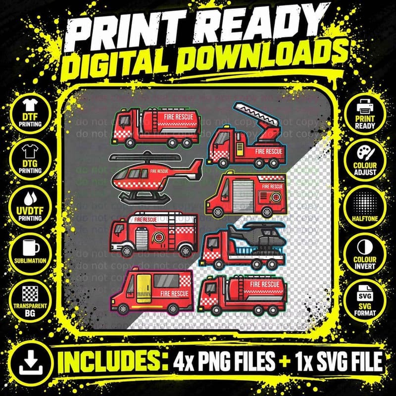 Types of Fire Truck Boys Toddlers Firefighter Trucks Png SVG Digital Bundle