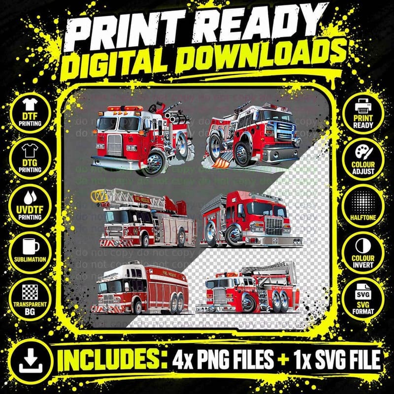 Types of Fire Truck T-Shirt, Firefighter Gear Png SVG Digital Bundle