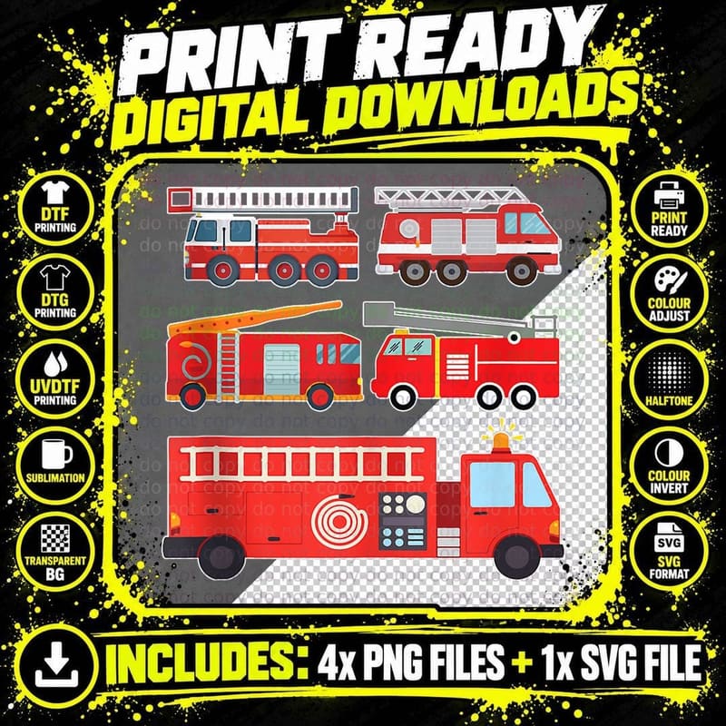Types of Fire Truck Toddler Boy Firefighter Trucks Gift Png SVG Digital Bundle