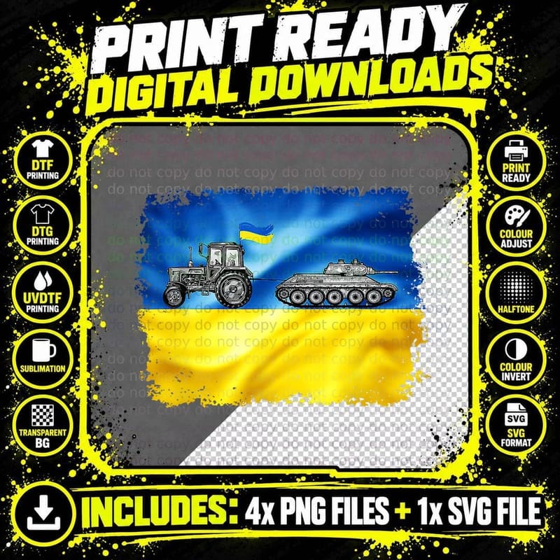 Ukrainian Tractor Pulling Tank with Ukrainian Ukraine Png SVG Digital Bundle