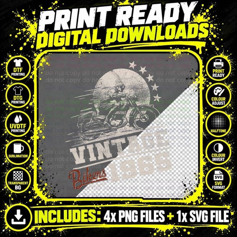Vintage Biker Motorcycle T-Shirt, 1965 Style Png SVG Digital Bundle