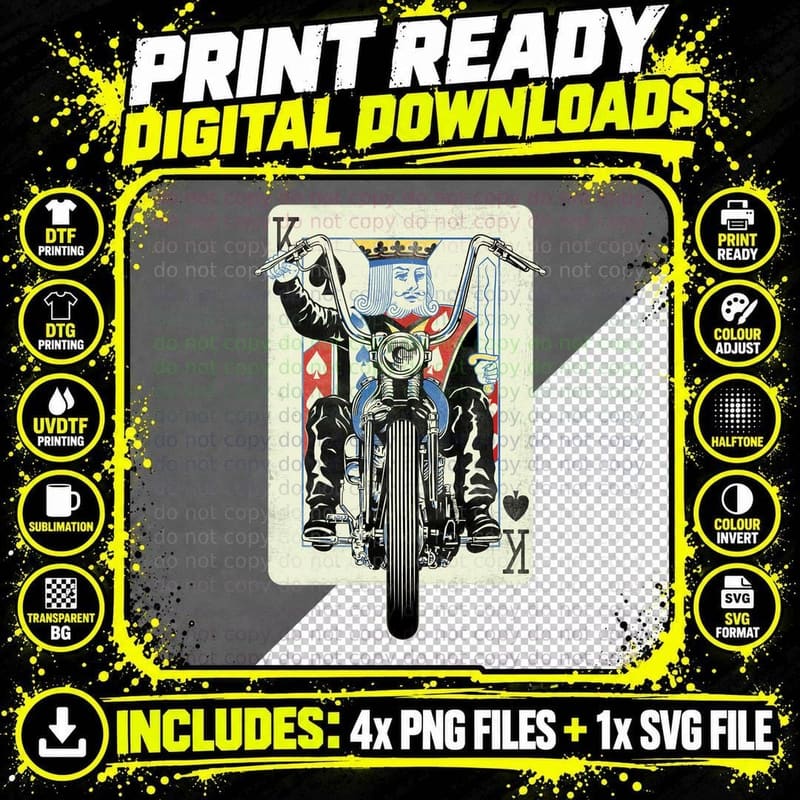Vintage King Card Motorcycle Poker Black Jack Gambling Png SVG Digital Bundle
