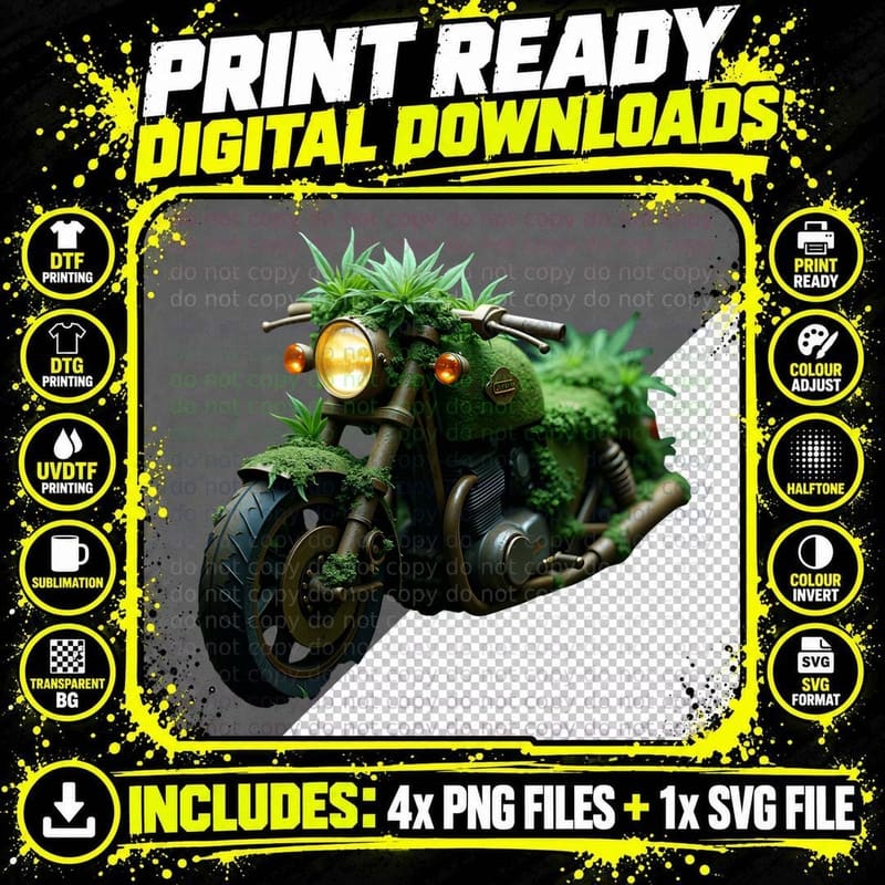 Vintage Mossy Motorcycle with Cannabis Leaves and Lush Png SVG Digital Bundle
